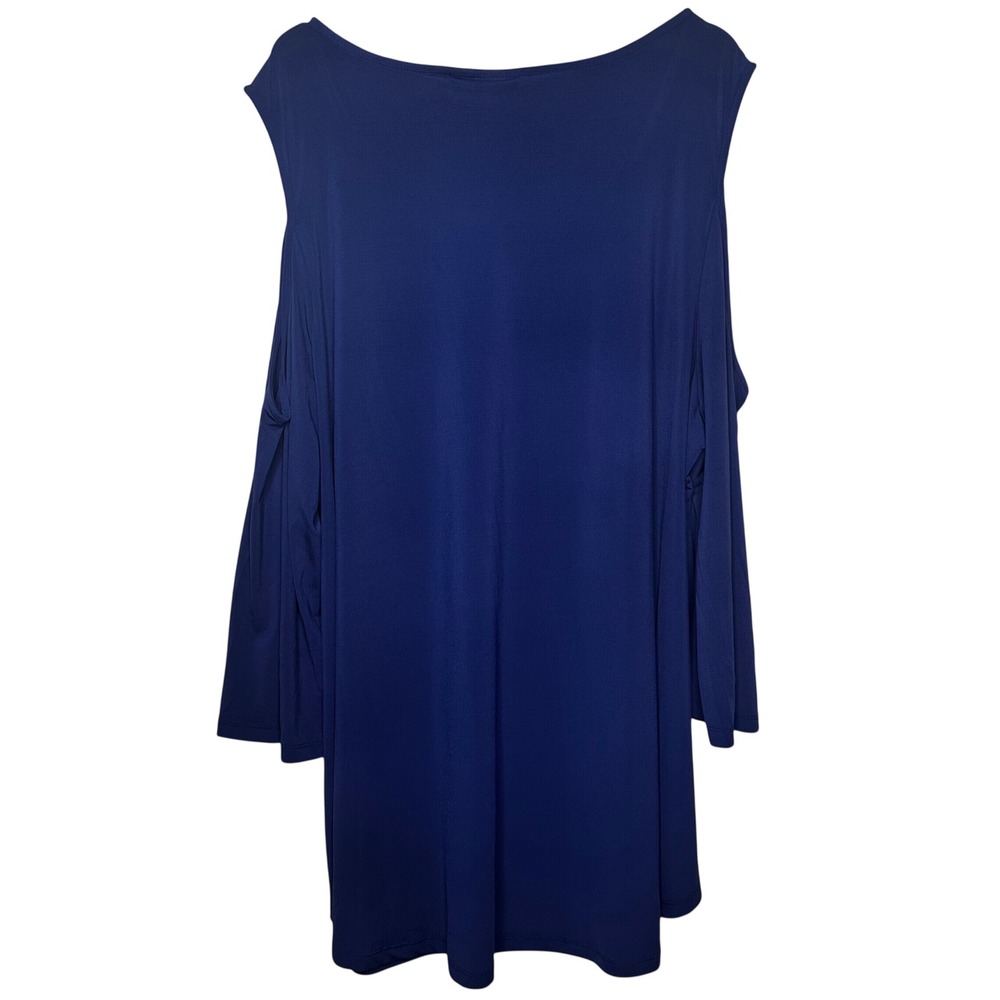 Avenue Womens 2X Blue Cold Shoulder Tunic Top Lattice Neck 3/4 Sleeve Blouse - Picture 5 of 9